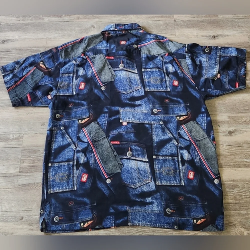 Vintage Ecko Utld RARE‎ Patchwork denim polyester button down Shirt Mens XL